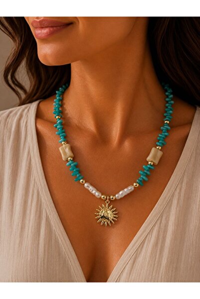 BIJUTERI Colorful Stone Design Necklace with Sun Charm