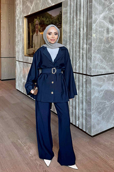 İmajButik Navy Blue Belted Jacket and Trousers Set