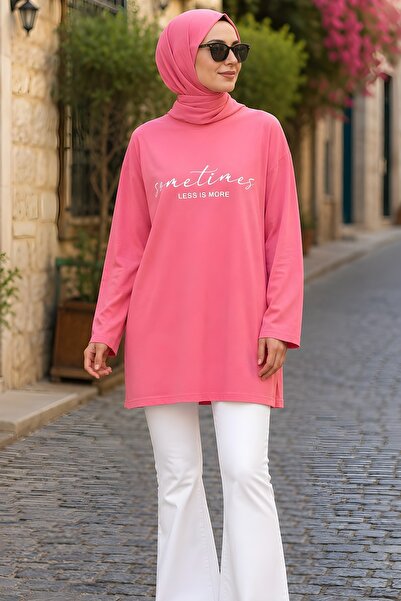 İmajButik Pink Crew Neck Printed Single Jersey Tunic