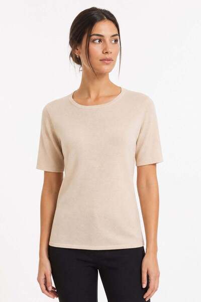 Desen Triko Women's Crew Neck Short Sleeve Basic Wool Blouse O.Beige