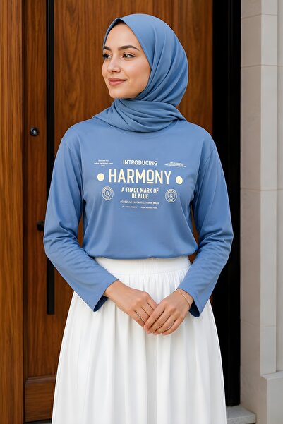 İmajButik Blue Crew Neck Printed Combed Cotton Bodysuit