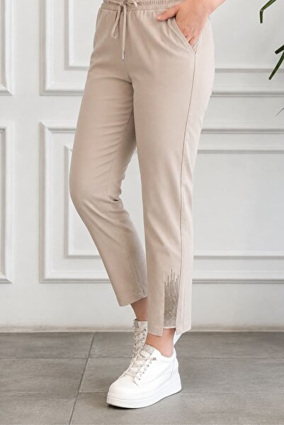 yb yağmur butik Elastic Waistband Pants with Stone Detail on the Leg
