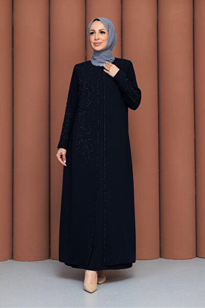 PAVENTİ Mother's Dress with Stones on the Front and Sleeves, Navy Blue