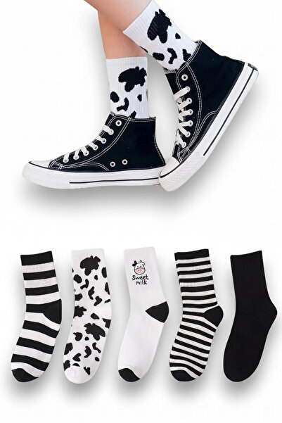 Socks Stores 5 Pairs Unisex Patterned Black and White Colored Long Socks Set ...