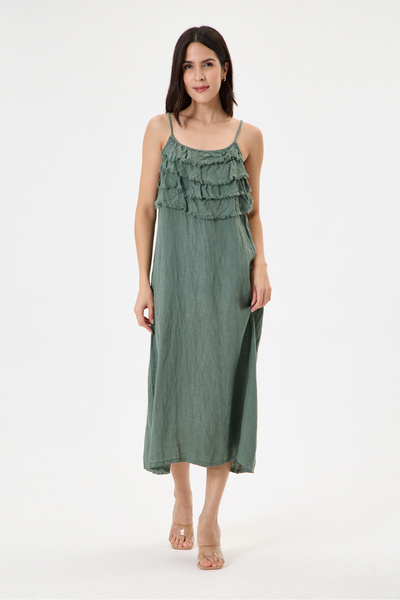 della moor Khaki Italian 100% Linen Dress with Tassel Collar and Adjustable S...