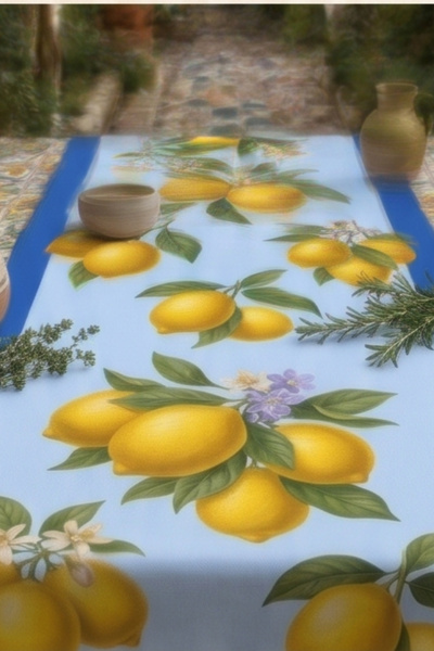 Atay Home مفرش طاولة مزخرف بنمط ليمون من بريز متوسطي 40x140 سم أزرق