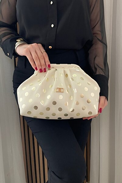 Fibag Women's Beige Gold Polka Dot Tote Bag - Long Strap Daily and Evening Dr...