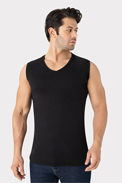 X MODAL Men's Black V-Neck Sleeveless T-Shirt Undershirt Cotton Lycra Flexibl...