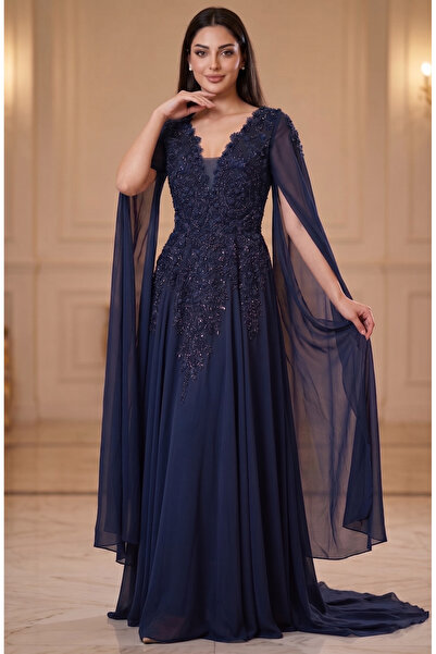 DVNA Luxury Chiffon Evening Dress with Sequin Embroidery in Navy Blue, 156cm ...