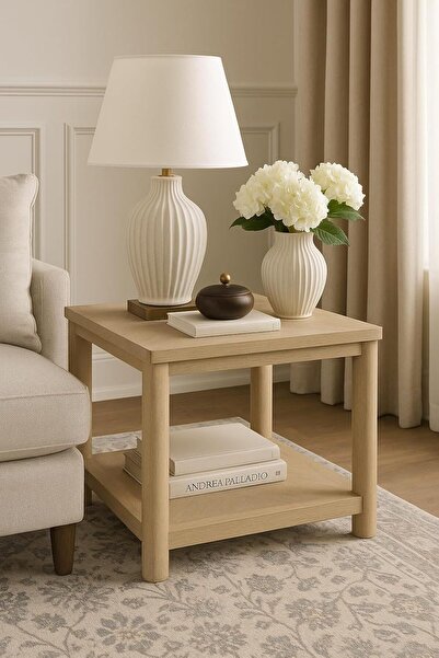horoof home طاولة جانبية من الخشب الطبيعي مع رف مفتوح - 70x57.5x60 سم، طاولة ...