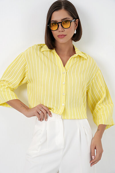 Merterium Women's Striped Oversize Short Shirt 1351 - Yellow