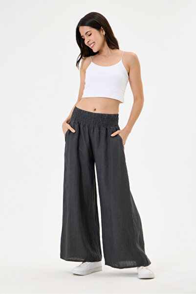 della moor Women's Anthracite Italian 100% Linen Elastic Waist Wide Leg Palaz...