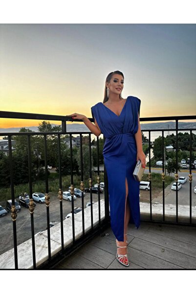 Hürrem Aldinç SAKS MAVİ VATKALI UZUN ELBİSE