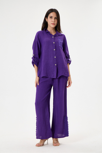 della moor Women's Purple Italian 100% Linen Lace Back Low-Cut Top and Bottom...