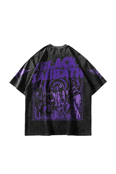 Sekizbiraltı Black Sabbath Bat Logo Yıkamalı Siyah Oversize Tişört