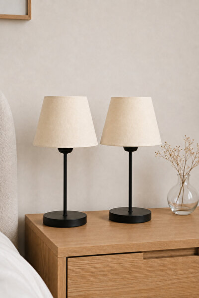 Eslight Modern İskandinav Tarz 2'li Set Siyah Ayak Masa Lambası Krem Renk Aba...
