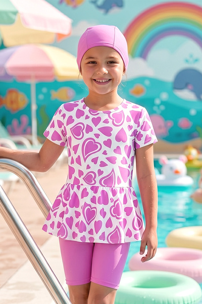 Haliç Mayo Short Sleeve Top and Tights Young Girls' Swimsuit 26446 Pink04