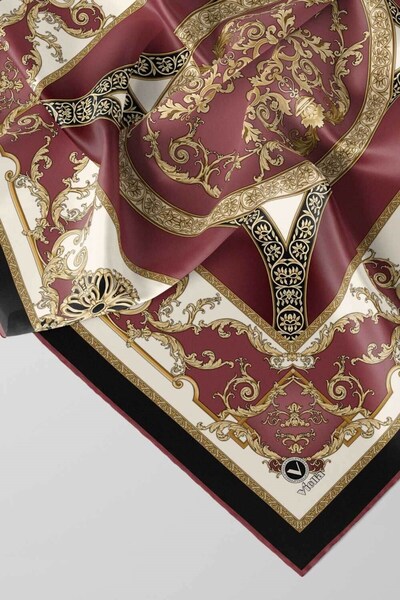 VİOLLA Twill Barok Desenli Gül Kurusu Renkli 90x90 Eşarp (İpek İçermez) Kenar...