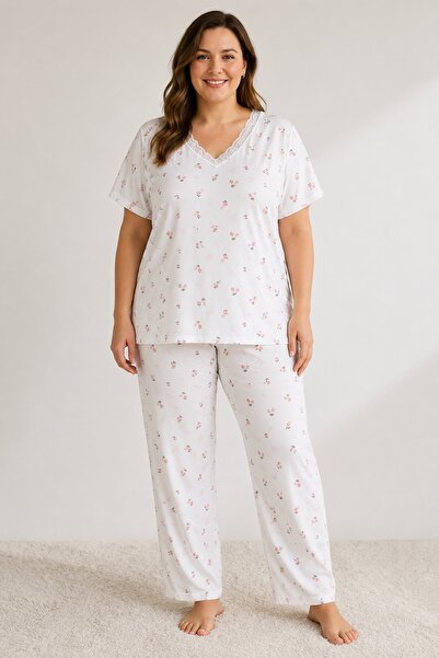 CottonVia Mother's Pajama Set, Lace V-Neck, Tulip Pattern, Short Sleeve, 100%...