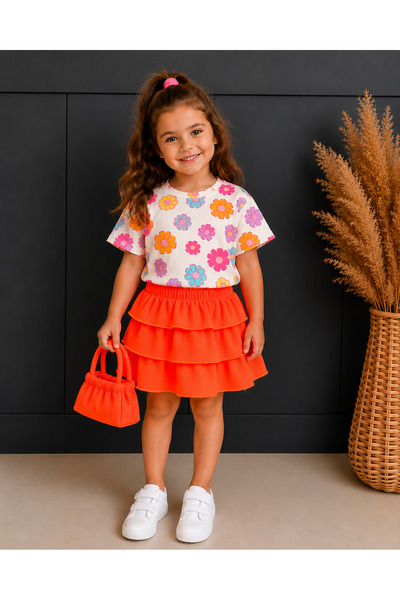 BAHNUR Baby Children's Floral Patterned T-Shirt and Layered Ruffled Neon Oran...