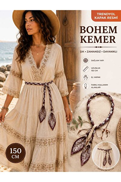 beyna aksesuar Natural Handmade Belt with Candle Strings and Wooden Beads, 15...