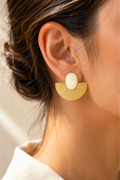 POYASE Fan Shape Orange and White Stone Detailed Gold Plated Earrings