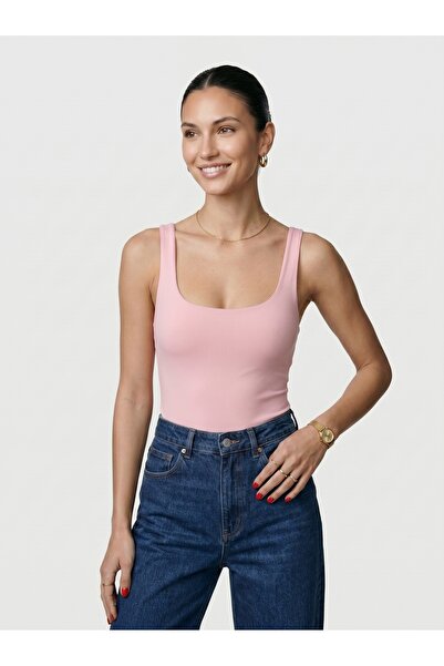 Noe Collection Kadın Kare Yaka Kalın Askılı Slim Fit Bodysuit Çıtçıtlı Body