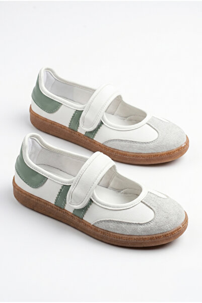 v.s.h velvet White-Green Leather Velcro Mary Jane Ballet Shoes /Mary