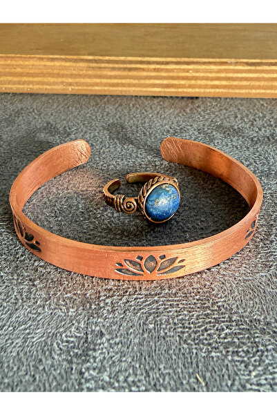 Rupen Kraft Handcrafted copper bracelet and natural stone ring set, adjustabl...