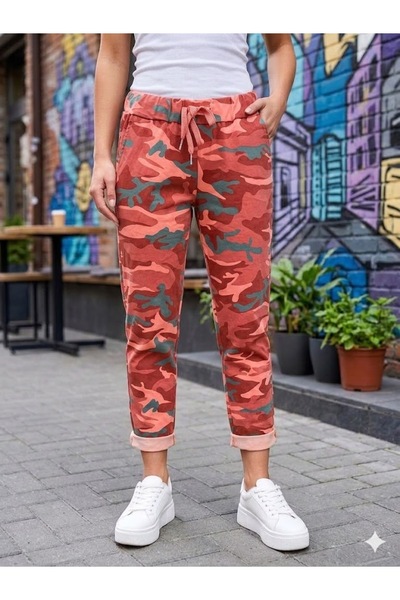 AYASOFYA OTANTIK Women's Italian Camouflage Patterned Skinny Trousers with Ti...