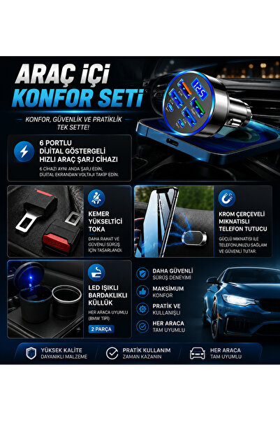 YMÇ DETAILING & AUTOMOTIVE Araç İçi Konfor Seti – 6 Portlu Hızlı Şarj Cihazı ...