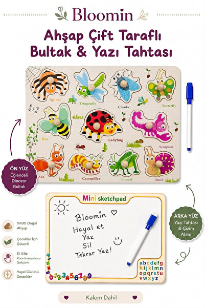 Bloomin Ahşap Çift Taraflı Bultak & Yazı Tahtası | Kalem Dahil | Eğitici Mont...