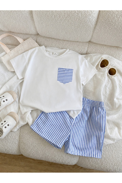 MORNİNG KİDS Girl-Boy White Blue Pocket Detailed Top and Bottom Set