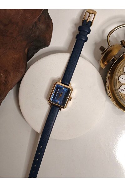ABAGROUP Women's Navy Blue Leather Cord Gold Rectangular Case Wristwatch
