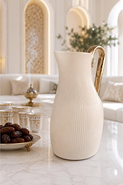 Generic Arabic Coffee Thermos Beige Creamy with Luxurious Gold Handle Capacit...