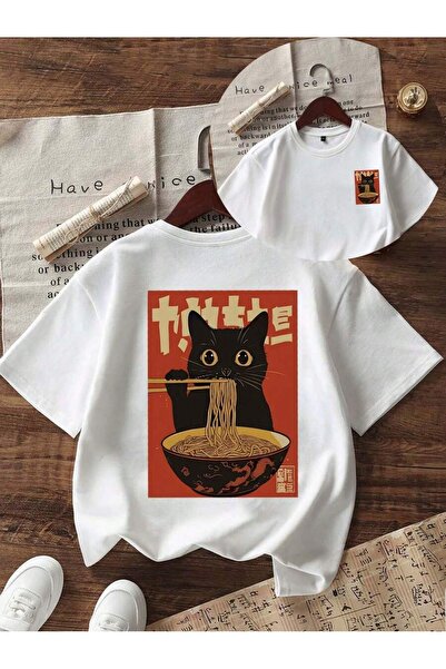 ONLY QUALİTY Unisex Oversize Kedi Baskılı Beyaz Tişört – Japon Stil Ramen Tem...