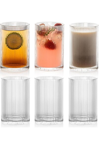 Generic Set of 6 Ribbed Glassware, 500ml XL Cocktail Glasses, Art Deco Vintag...