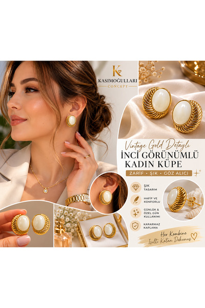 kasımoğulları concept Vintage Gold Detailed Pearl-Looking Women's Earrings | ...