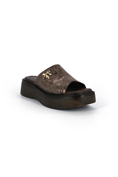 Mammamia D26Yt-1770 Brown Genuine Leather Full Orthopedic Women's Slippers
