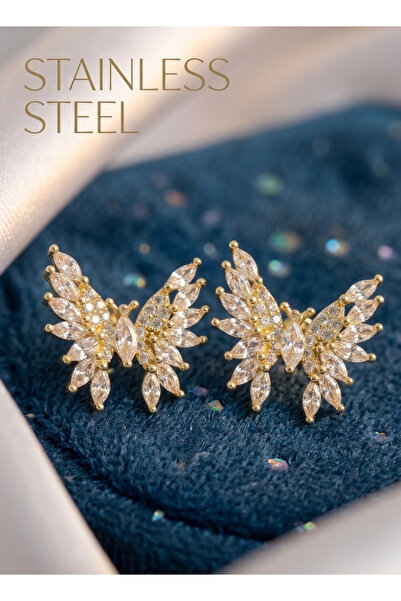 stainless steell أقراط نموذج الفراشة من النحاس باللون الذهبي مرصعة بحجر الزركون