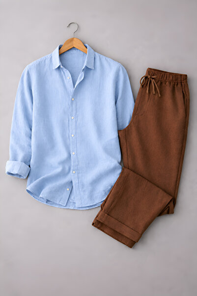beuivo Men's Linen Textured Oversize Shirt & Sofia Linen Loose Fit Trousers C...