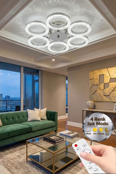 Lüxev Lighting Aura Model Gümüş Kumandalı 6"lı Ledli 3 Renk Modu Kristal Salo...