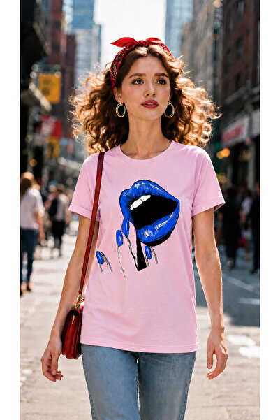 VODEXA Γυναικείο μπλουζάκι Oversize BLUE LIP με στάμπα, 100% βαμβάκι, άνετη ε...