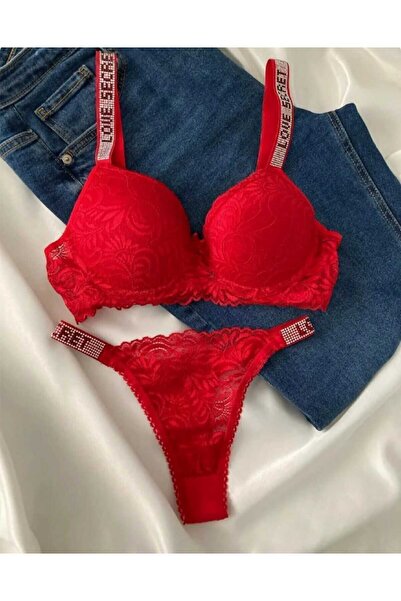 merve ada design Kadın Taş Detaylı Dantelli Destekli Sütyen Tanga Takım