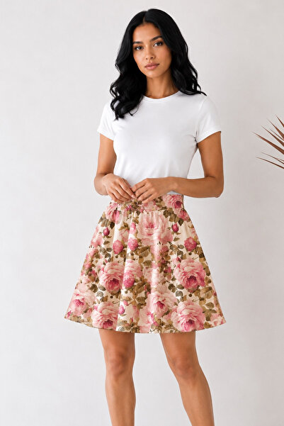 Albie Women's Floral Patterned Chiffon Mini Skirt High Waist Relaxed Fit Dail...