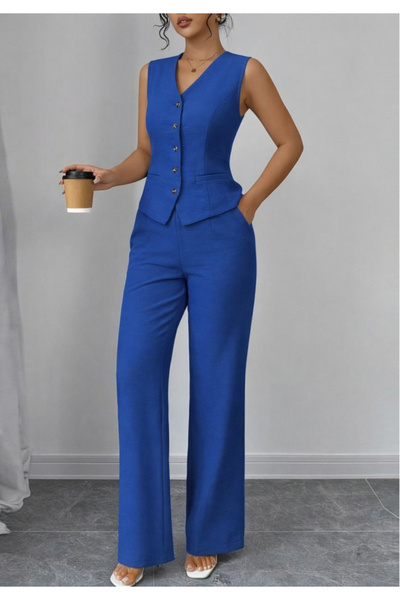 Little Visqon Women's Front Buttoned Linen Vest and Trousers Two-Piece Set