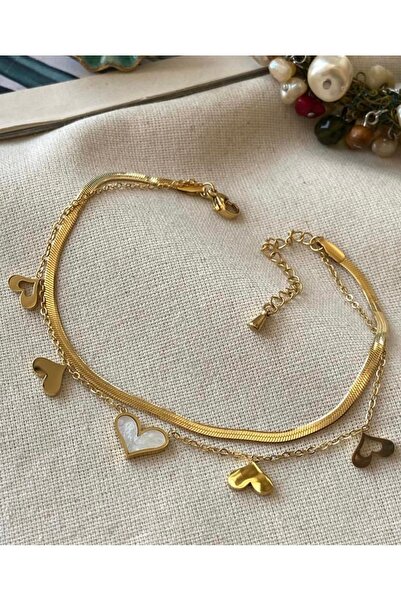 SU PERİSİ TAKI BİJUTERİ Steel Gold Pearlescent Heart Detailed Anklet