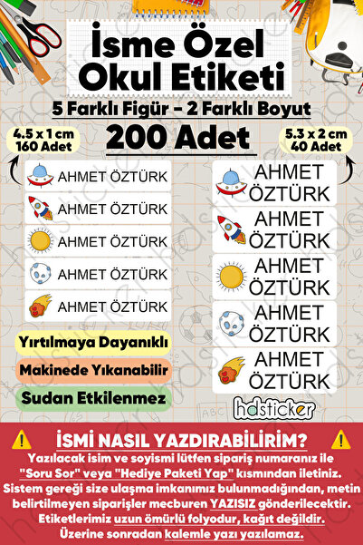 hdsticker 200 Adet Uzay Desenli İsme Özel Okul Etiketi Kişiye Özel İsim Baskı...