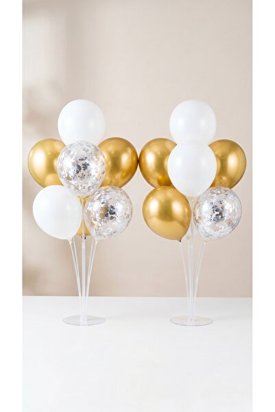 Öz-bal 7-Piece Balloon Stand, 2 Pieces and 16-Piece White Gold Silver Confett...