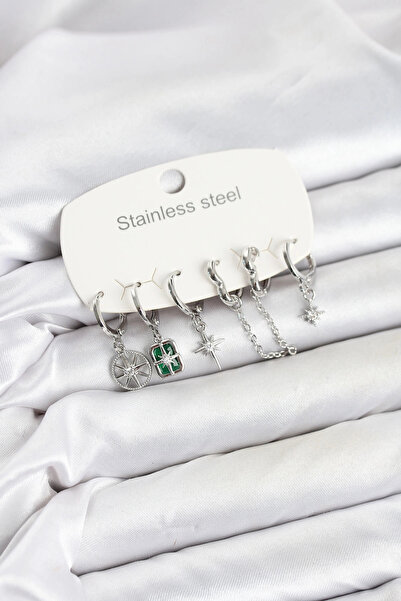 Clariss 316L Steel Silver Color Zircon Stone Chain and Pole Star Detailed Wom...